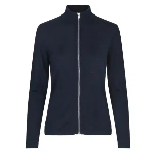 Elegant strikcardigan med lynlås og høj krave, navy blå