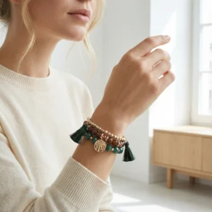 Just D’lux – perlearmbånd i de gyldne nuancer.