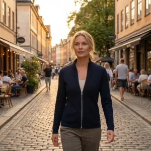 Elegant strikcardigan med lynlås og høj krave, navy blå