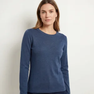 Lækker merino uld striktrøje med Ohals til kvinder, Blå melange