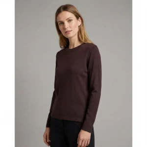 Lækker merino uld striktrøje med Ohals til kvinder. Bordeaux melange