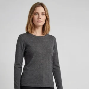 Lækker merino uld striktrøje med Ohals til kvinder. Mørk grå melange