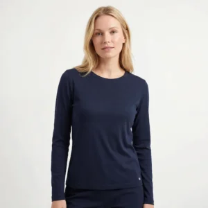 Lækker merino uld striktrøje med Ohals til kvinder. Navy Blå