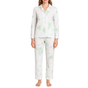 Dame pyjamas hvid med turkis-grønne blomster