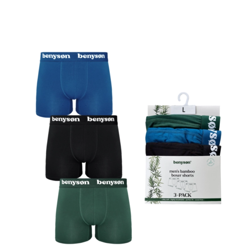 3 pak bambus boksershorts fra BENYSØN, 3 klassiske farver - Økotex. - XL