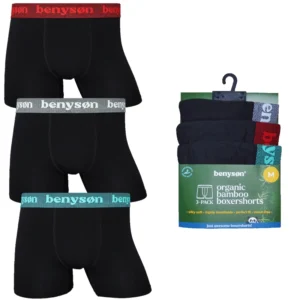 3 pak bambus boksershorts fra BENYSØN, sort med farvet top - Økotex.