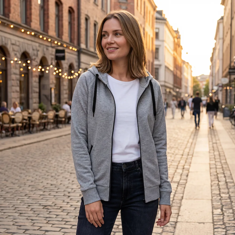 Lady Sport Hooded Zip. Oxford Grey. Økologisk hoodie