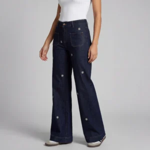 Brede mørkeblå jeans med blomsterbroderi, til kvinder
