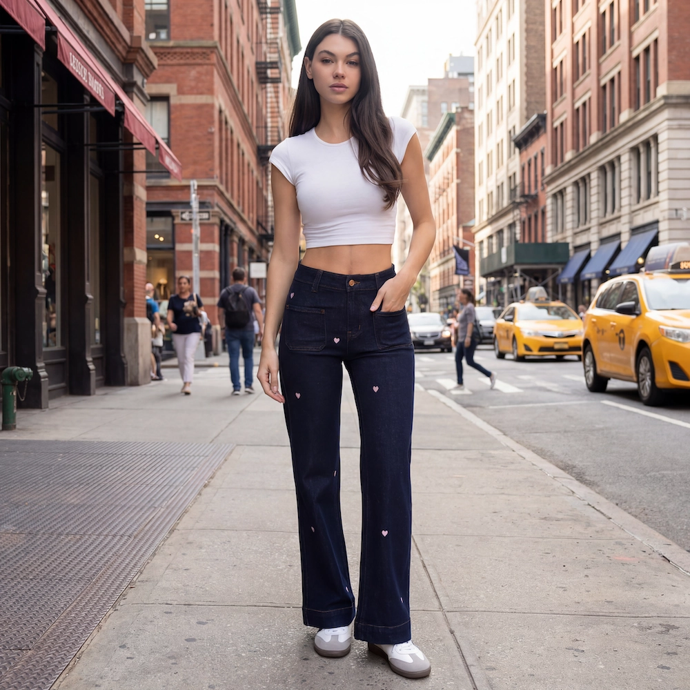 Brede mørkeblå jeans med brede ben, og broderet hjerter