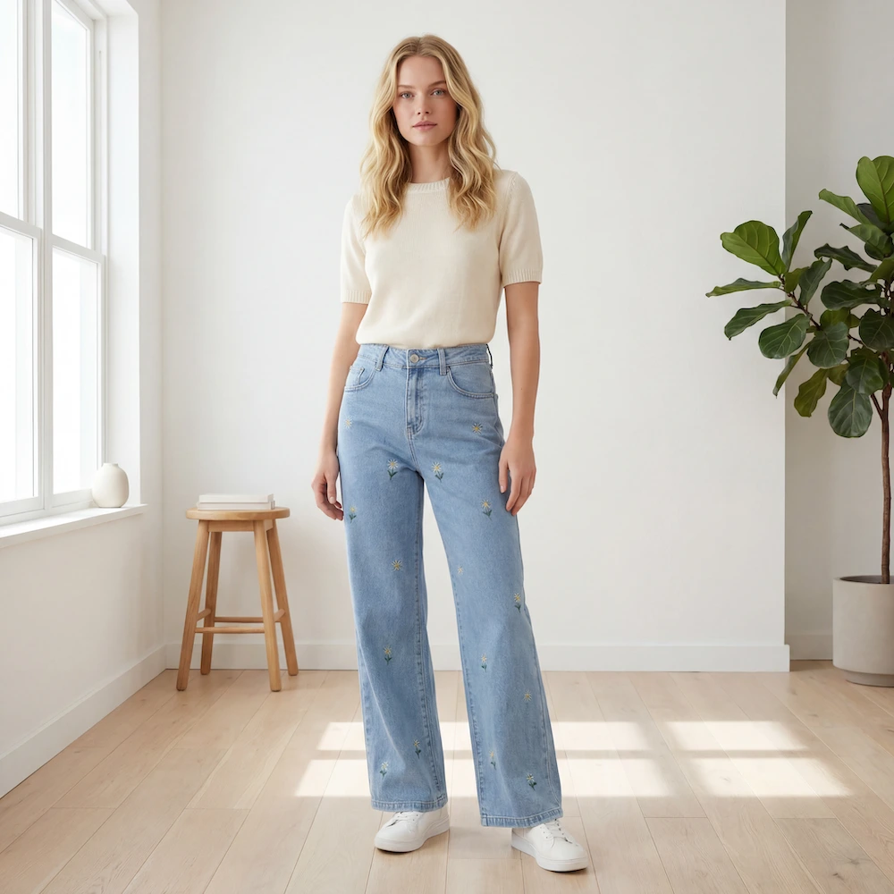 JEANIFUL · Wide Jeans med søde blomsterbroderier - 40