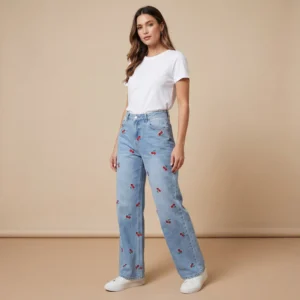 Lækre jeans med kirsebærbroderi, til kvinder