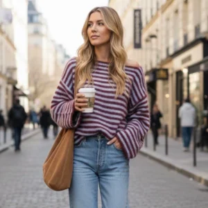 Langærmet Off-Shoulder Stribet Striktrøje, bordeaux