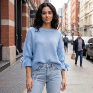 Sød uldtrøje: 3/4 ærmer, lys blå