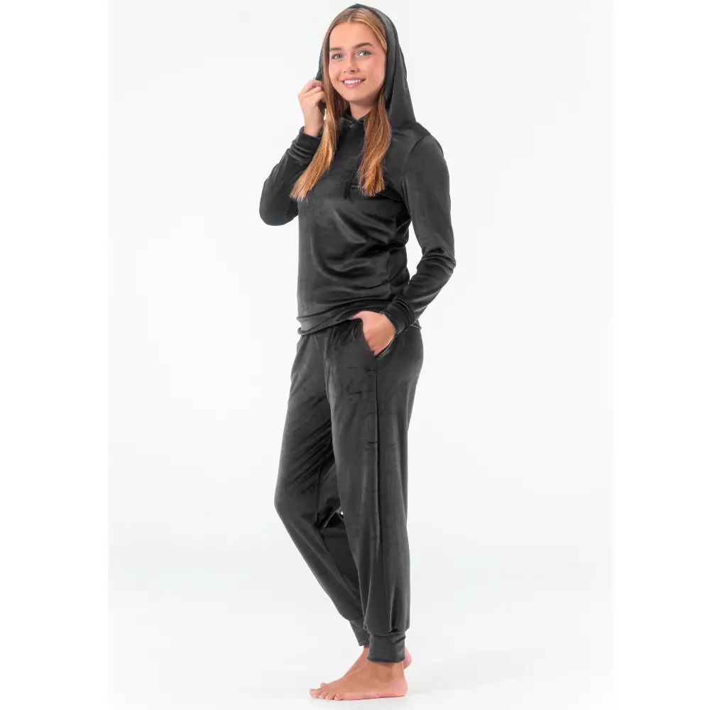 Sort velour træningsdragt med hætte