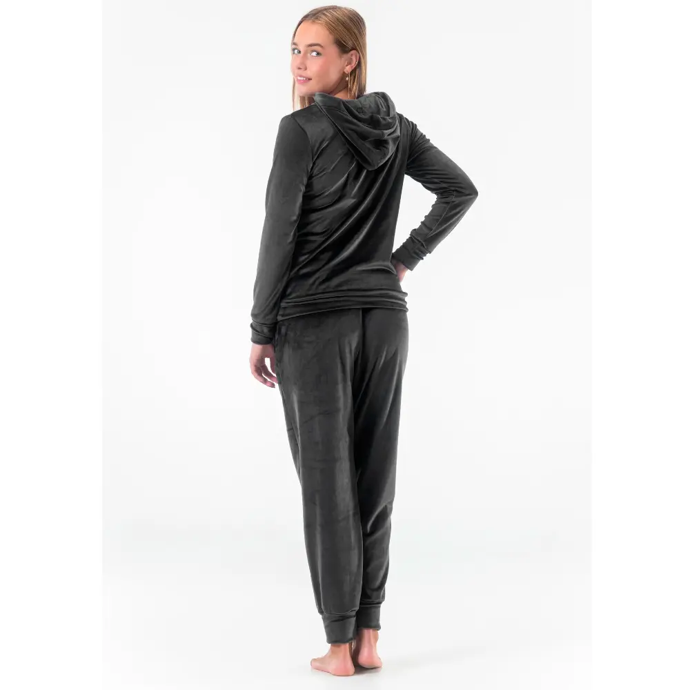 Sort velour træningsdragt med hætte