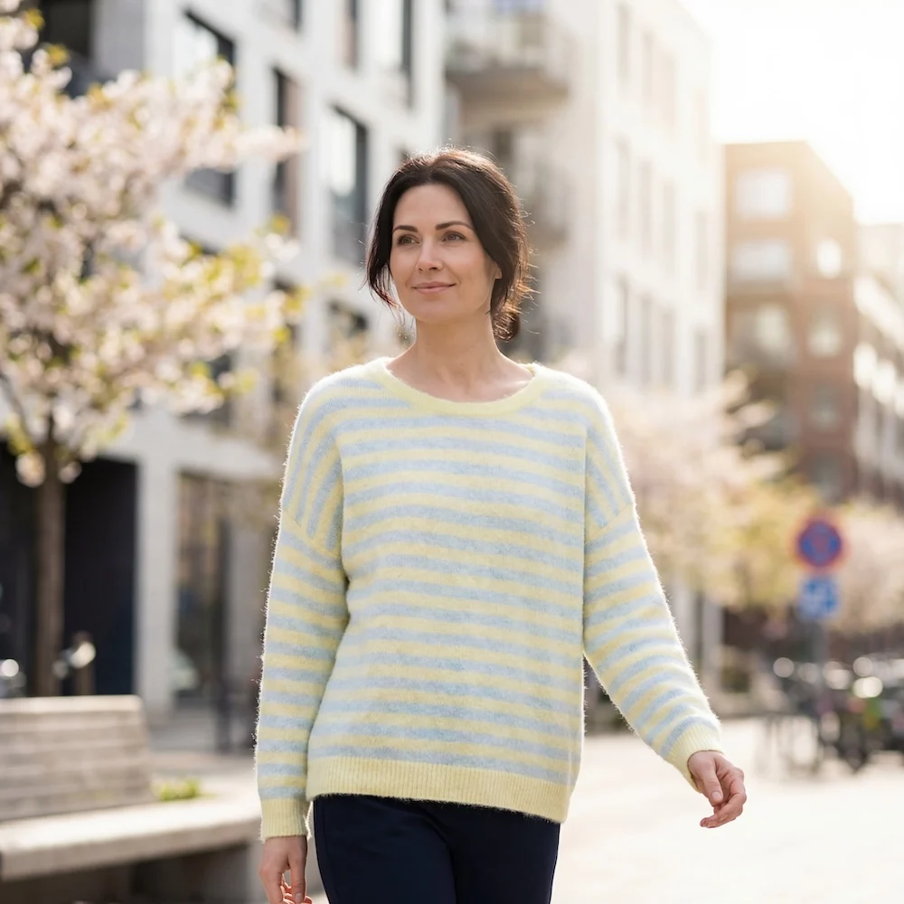 Chunky striktrøje med stribet mønster, gul og blå