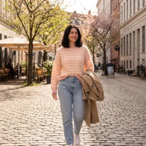 Chunky striktrøje med stribet mønster, gul og rosa