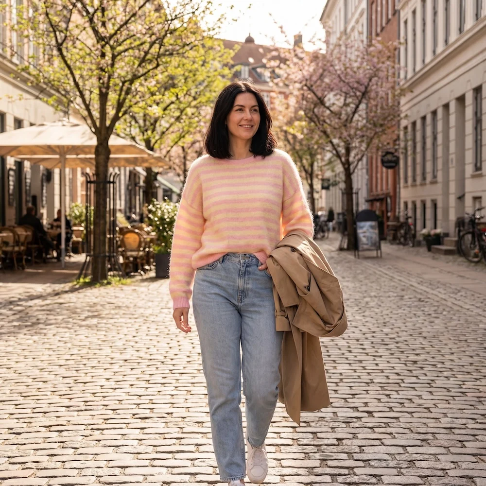 Chunky striktrøje med stribet mønster, gul og rosa