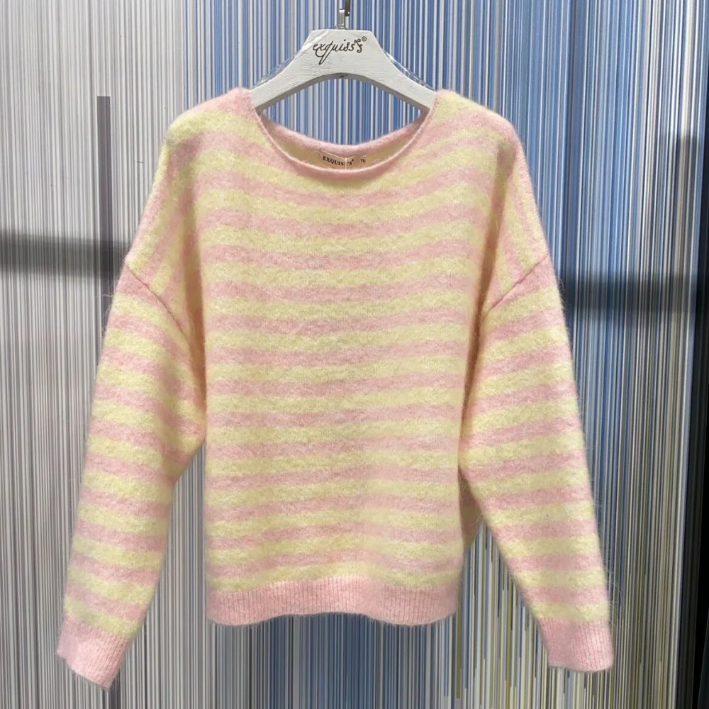 Chunky striktrøje med stribet mønster, gul og rosa - Billede 2