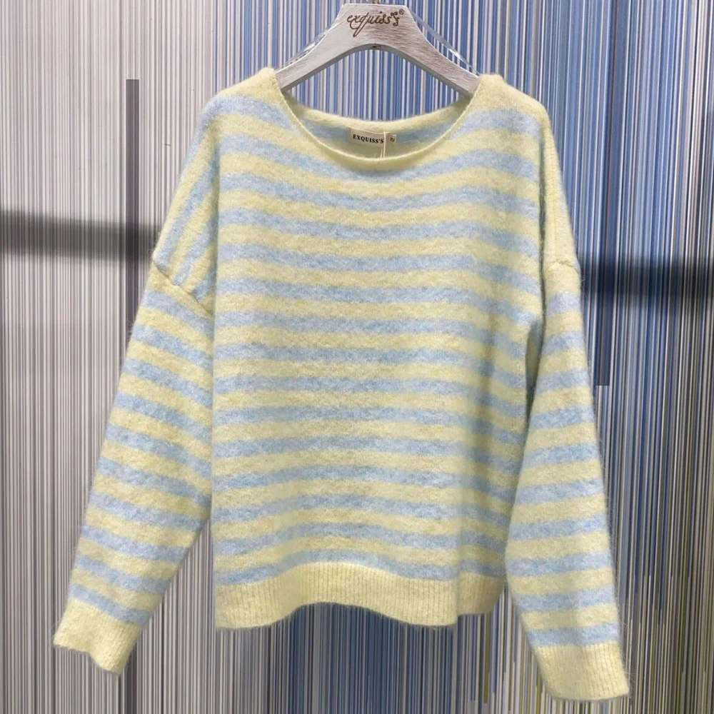 Chunky striktrøje med stribet mønster, gul og blå - Billede 2