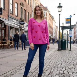 Mooya - fuchsia strik med søde røde hjerter.