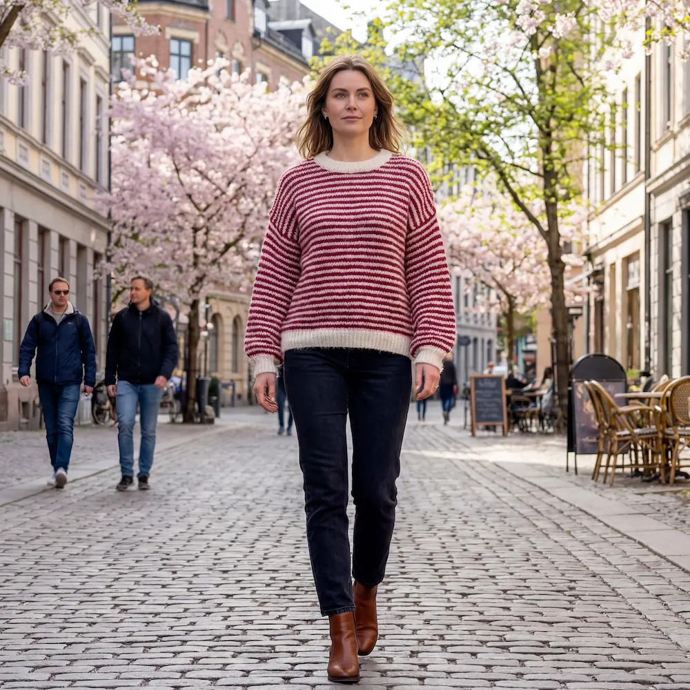 Super lækker sweater burgundy med hvide striber
